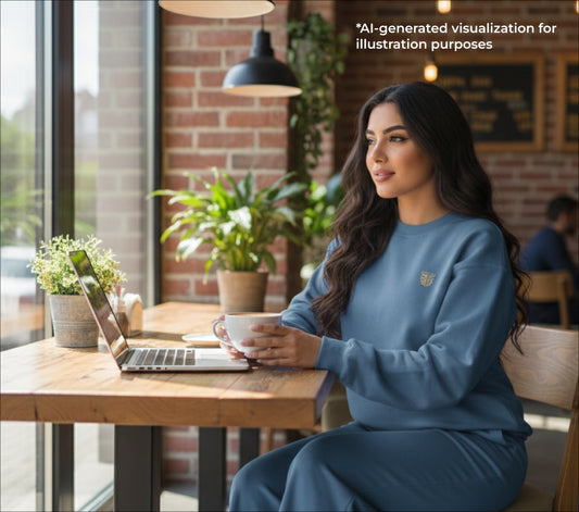 Woman in a blue outfit sitting at a table with a laptop and cup, in a casual indoor setting.