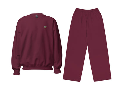 Maroon sweatshirt and pants set on a white background