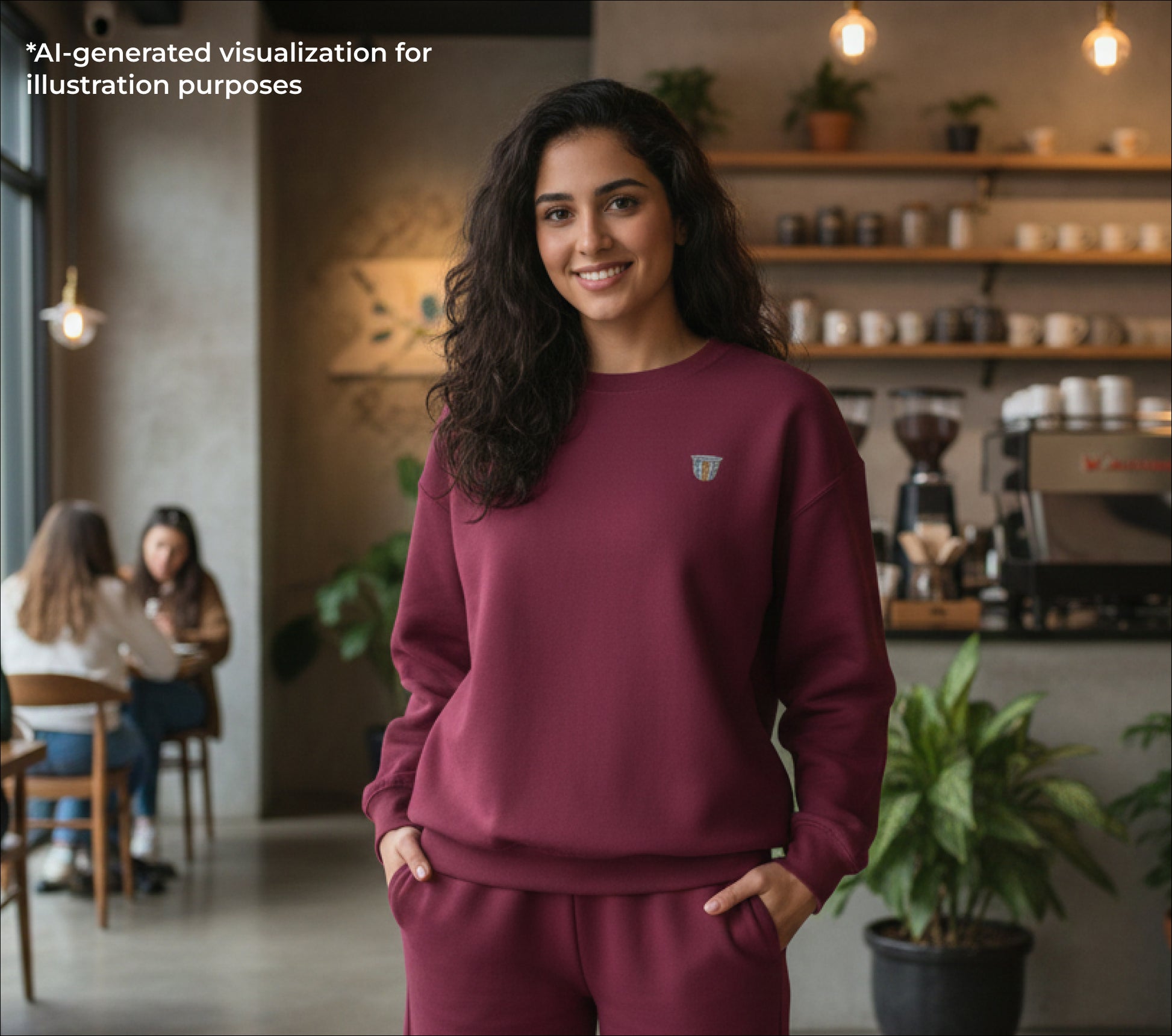 Woman wearing a maroon sweatshirt with a finjan embroidery in a coffee shop setting