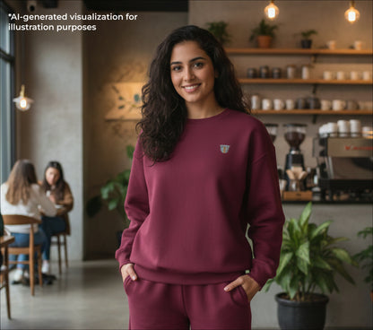 Woman wearing a maroon sweatshirt with a finjan embroidery in a coffee shop setting