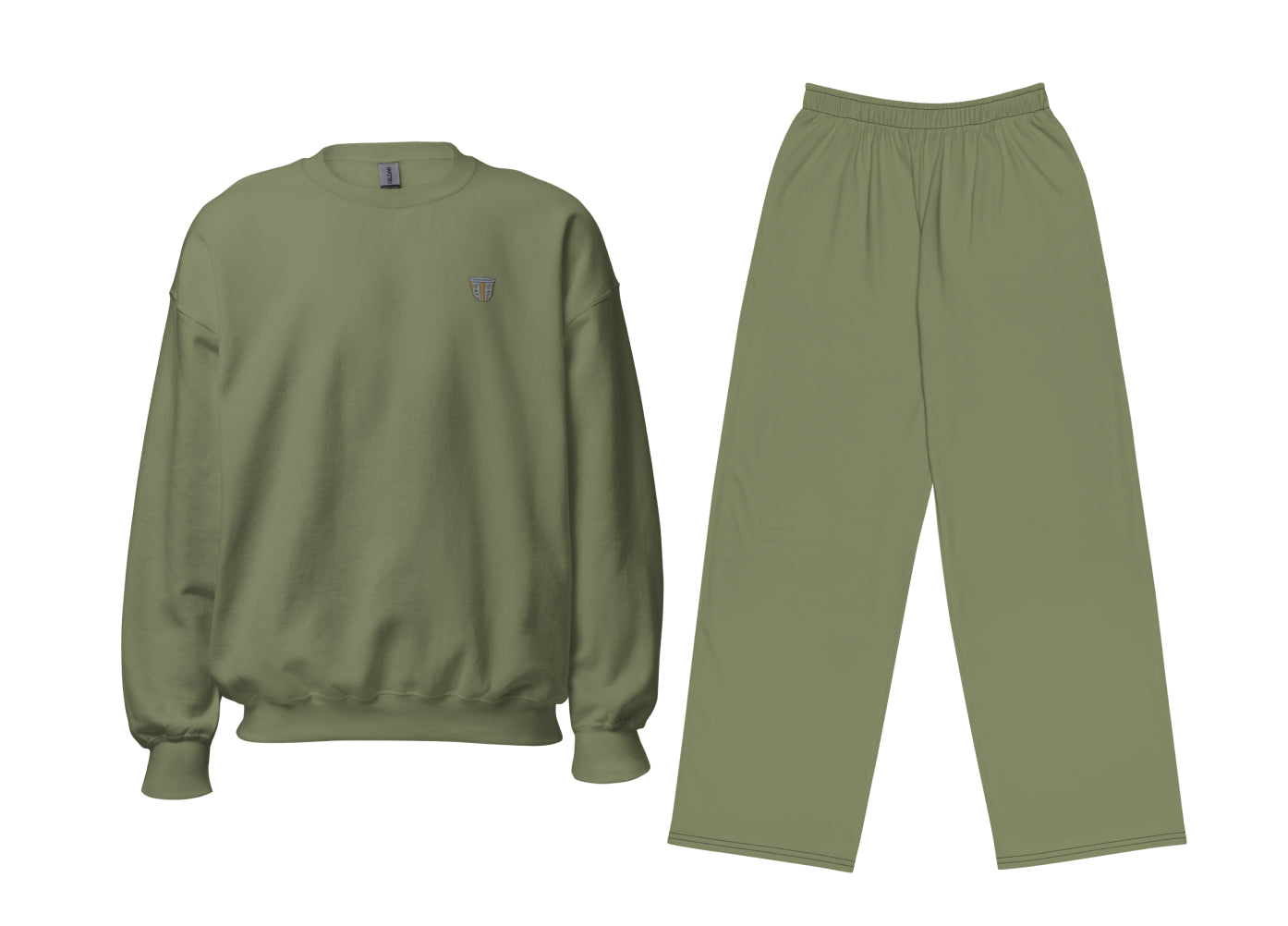 Green sweatshirt and pants set on a white background