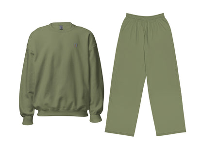 Green sweatshirt and pants set on a white background