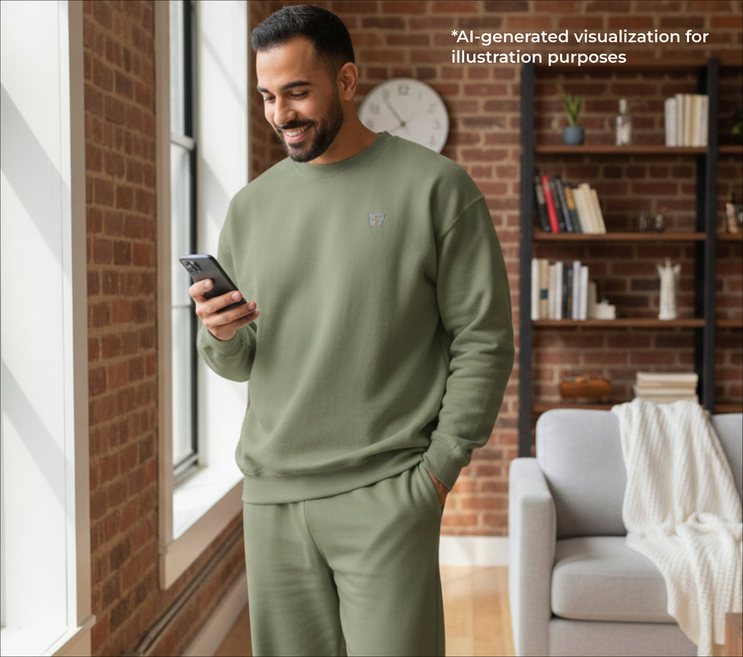 Man in a green sweatshirt and pants standing in a living room, looking at his phone.