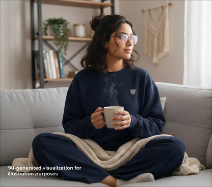 Woman sitting on a couch holding a steaming mug in a cozy living room.