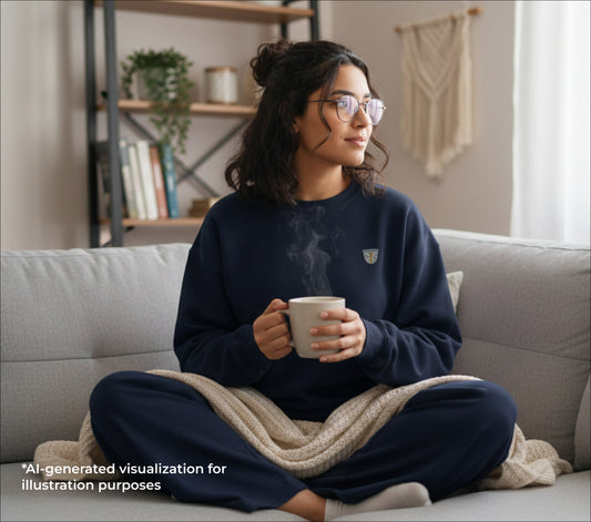 Woman sitting on a couch holding a steaming mug in a cozy living room.