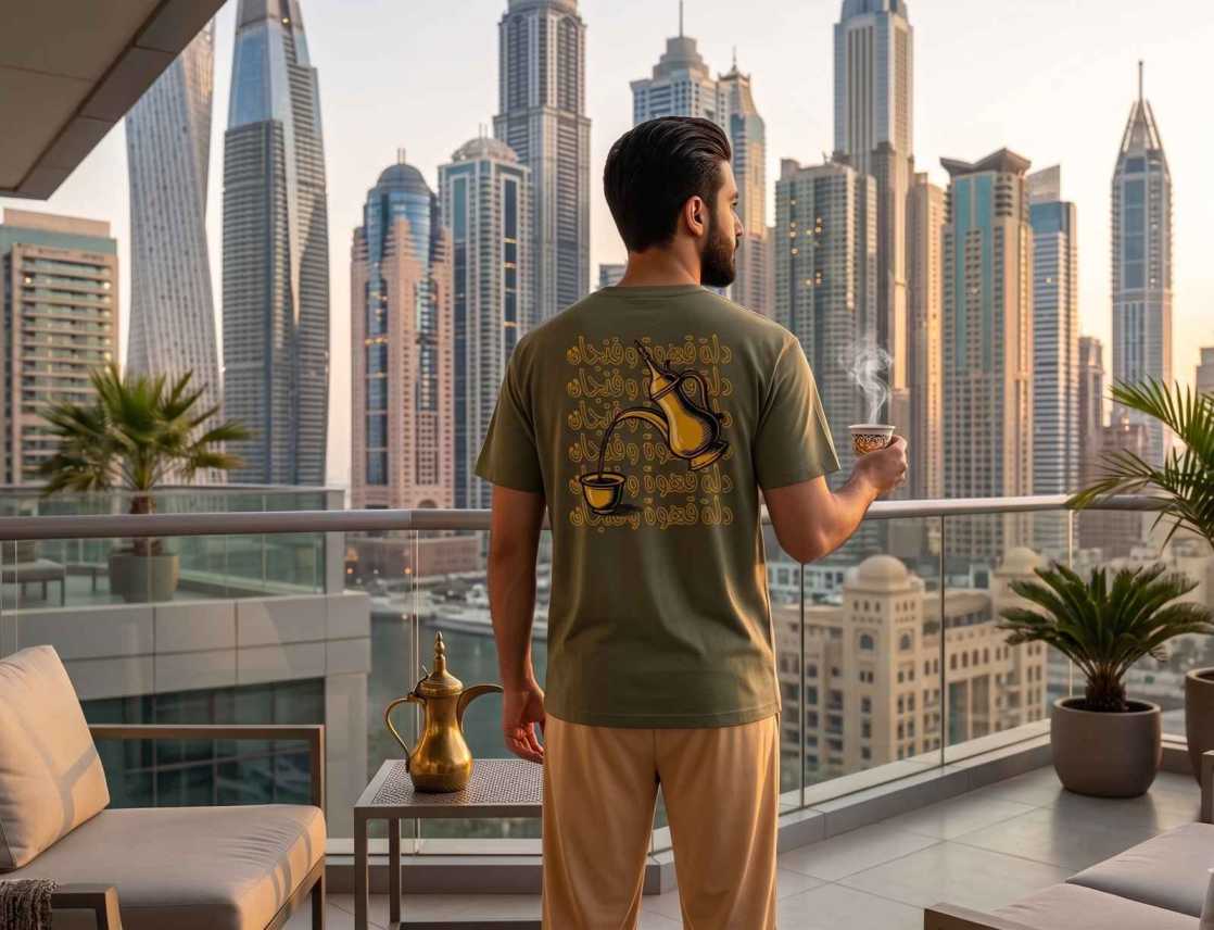 Man standing on a rooftop terrace with a city skyline view, holding a cup.