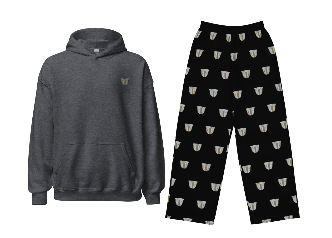 Gray hoodie and black pants with finjan patterns on a white background