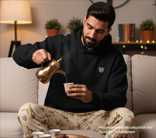Man in a black hoodie and patterned pants pouring tea from a dallat gahwa into a finjan.