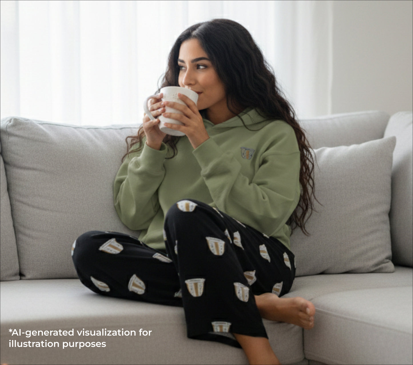 Woman in green sweatshirt and black pants with finjan patterns sitting on a couch holding a mug.