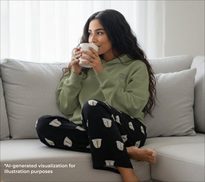 Woman in green sweatshirt and black pants with finjan patterns sitting on a couch holding a mug.