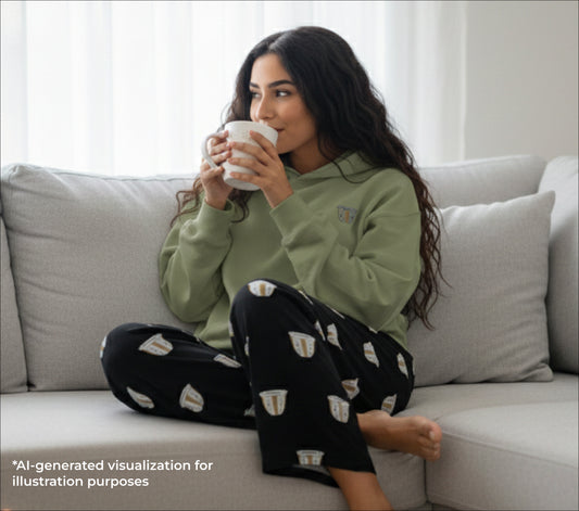 Woman in green sweatshirt and black pants with finjan patterns sitting on a couch holding a mug.