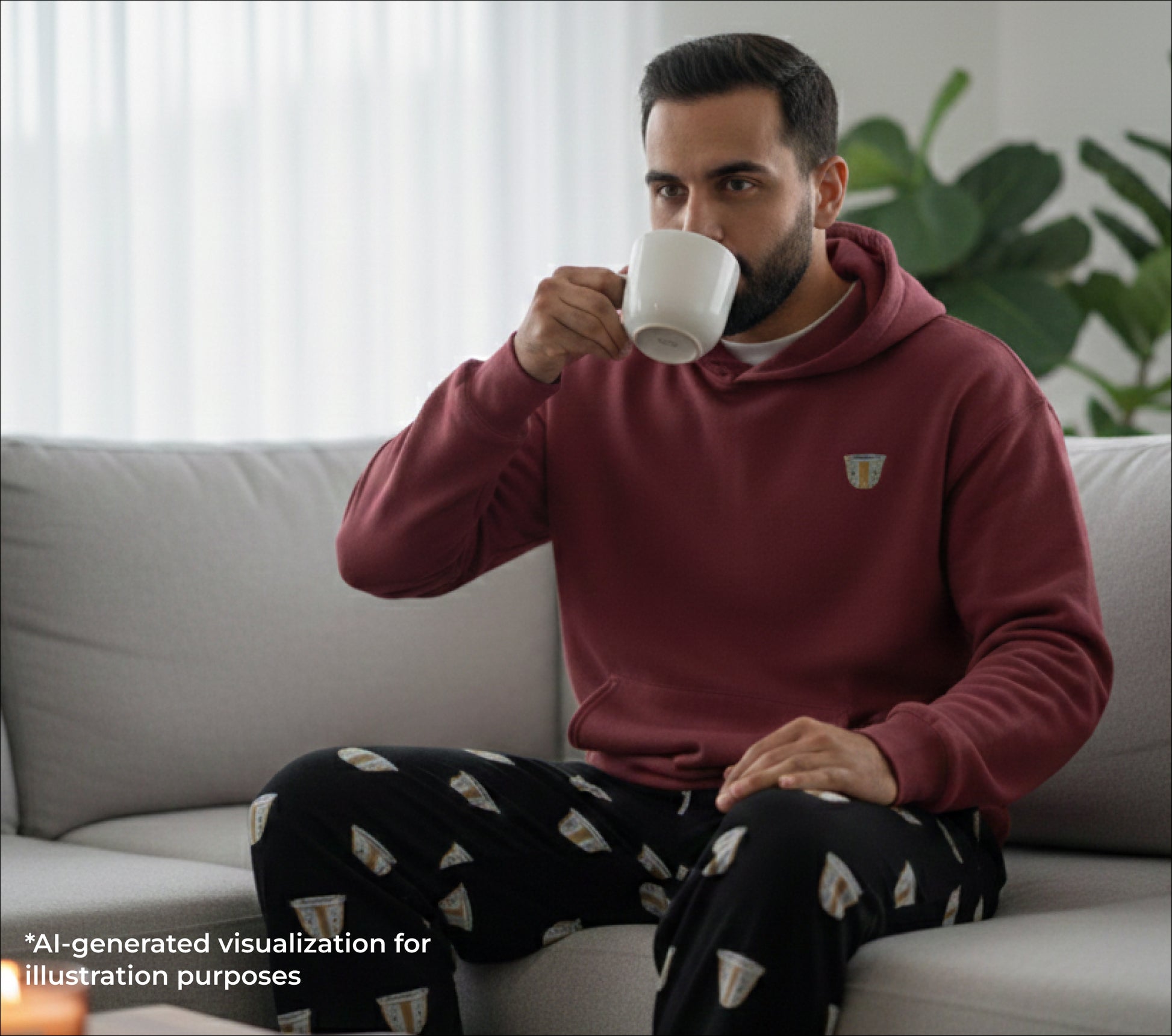 Man in a maroon hoodie and finjan patterned pants sitting on a couch, holding a white mug.