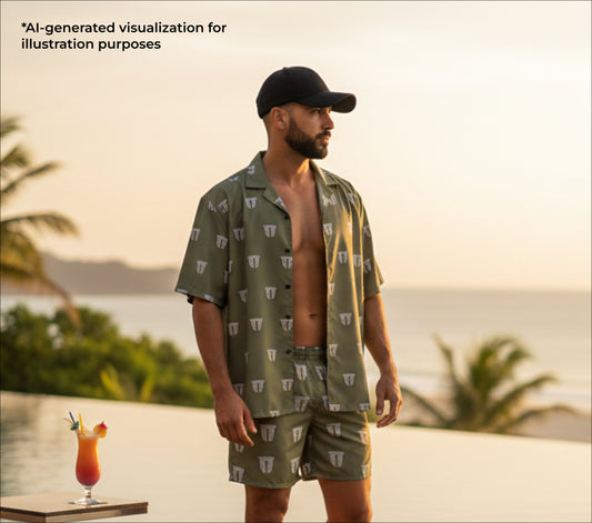 Man in a dallat gahwa green patterned shirt and shorts standing by a pool with a drink.
