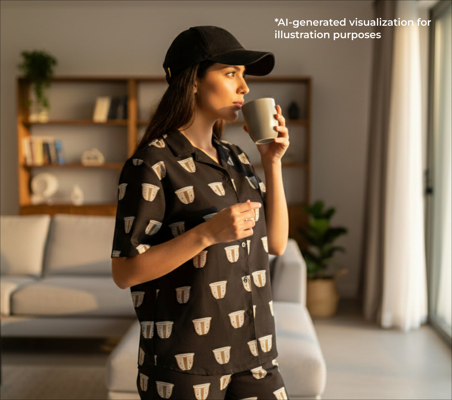 Woman in a dark shirt with a finjan pattern holding a mug in a living room.