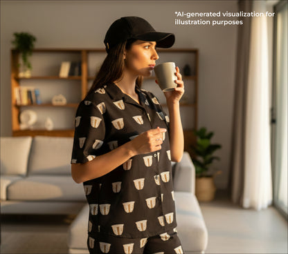 Woman in a dark shirt with a finjan pattern holding a mug in a living room.