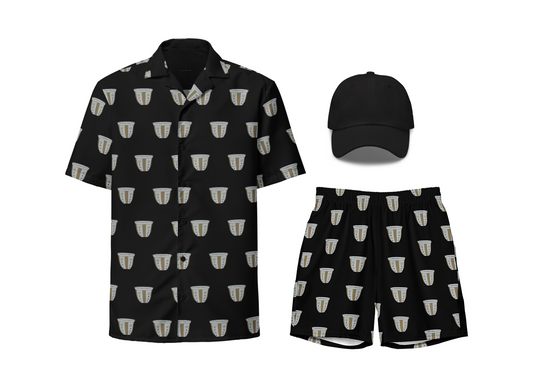 Black shirt, black cap, and black shorts with finjan pattern on a white background
