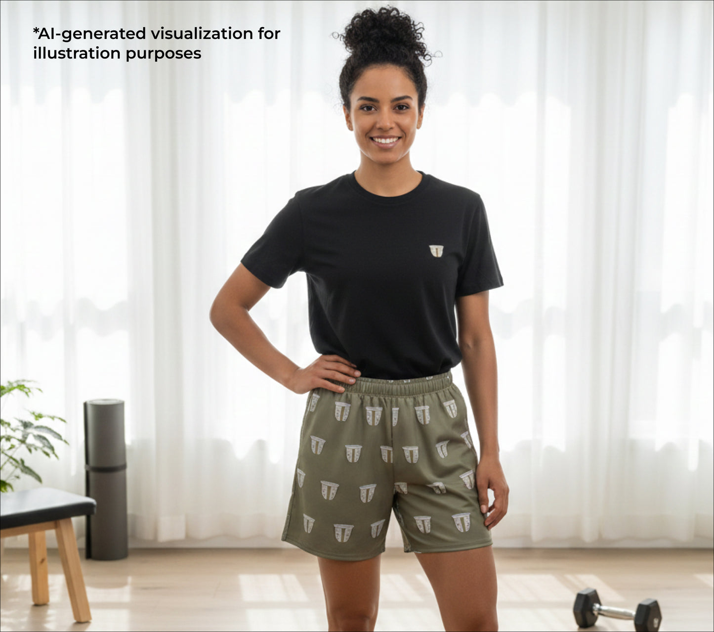 Woman wearing a black t-shirt and green finjan patterned shorts in a bright room.