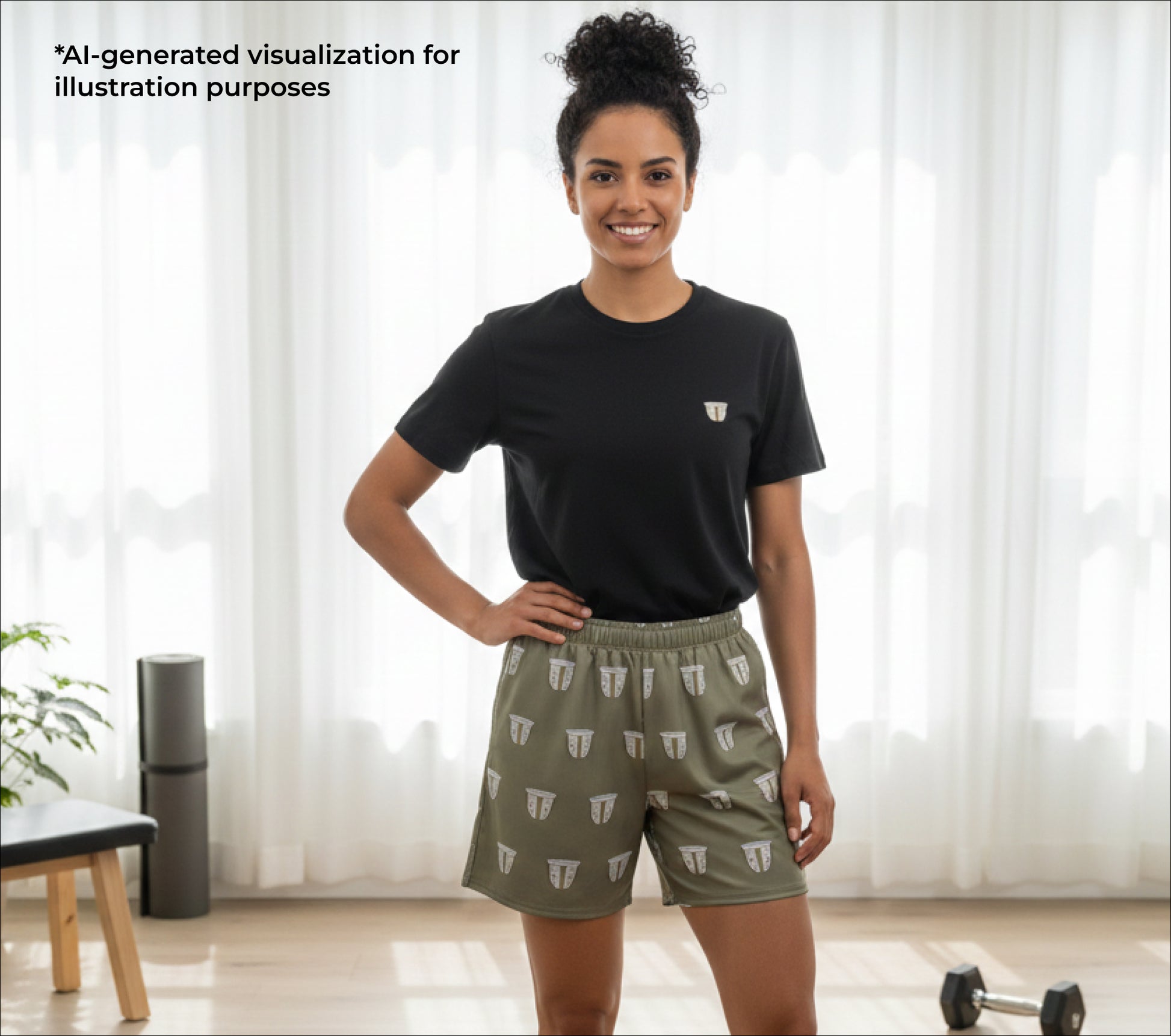 Woman wearing a black t-shirt and green finjan patterned shorts in a bright room.