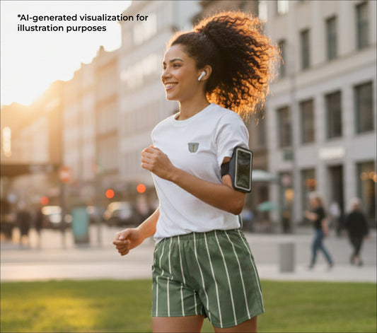 Woman jogging in an urban setting with a blurred background