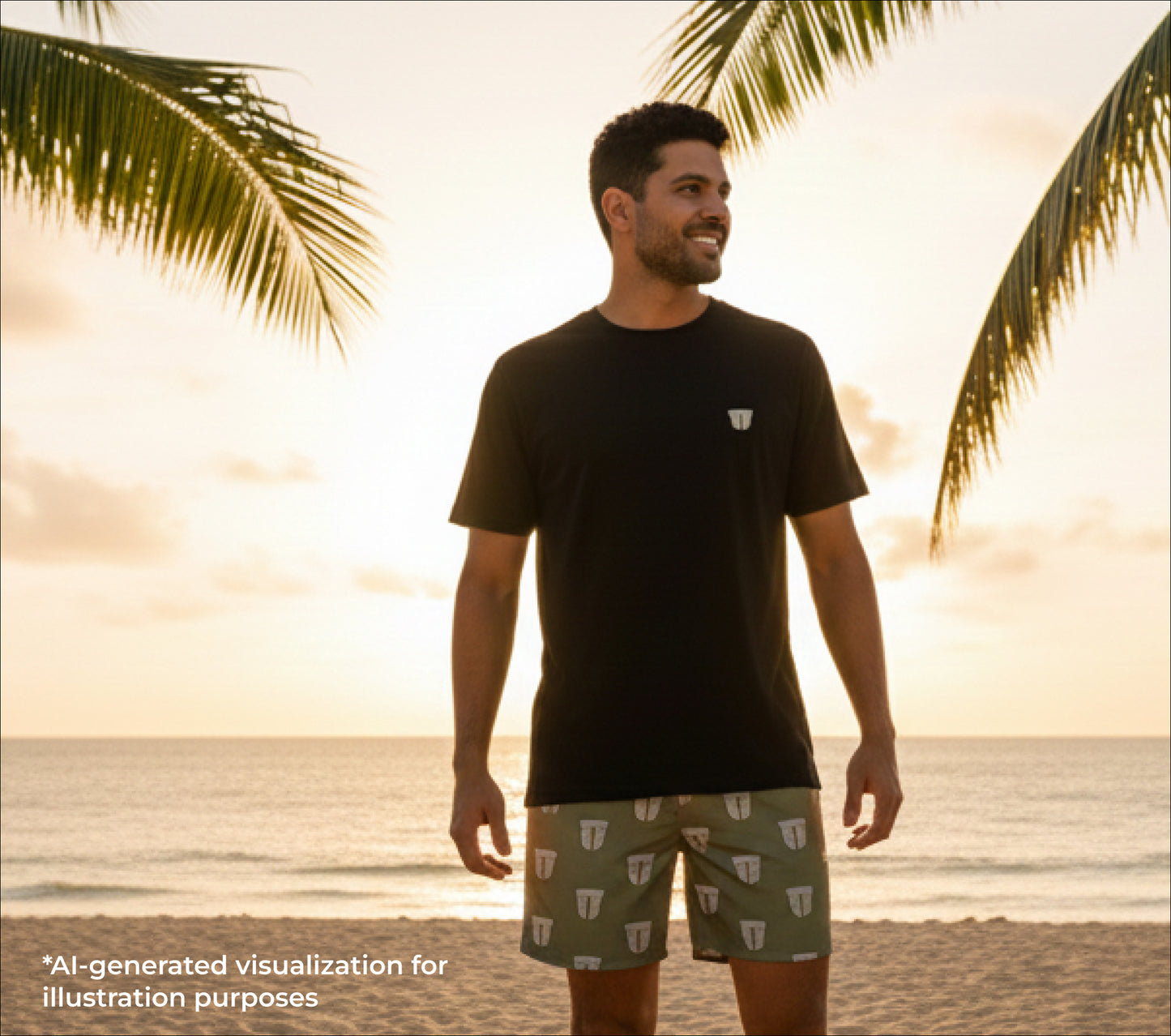 Man standing on a beach with palm trees and sunset in the background