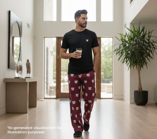 Man in a black t-shirt and maroon pants with finjan prints holding a coffee cup in a modern living room.