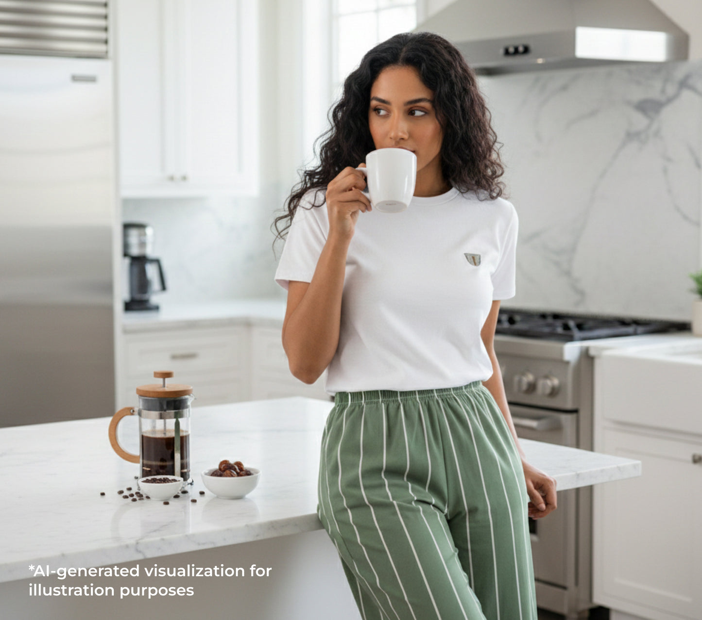 Woman holding a mug in a kitchen with a coffee press and bowl on the counter.