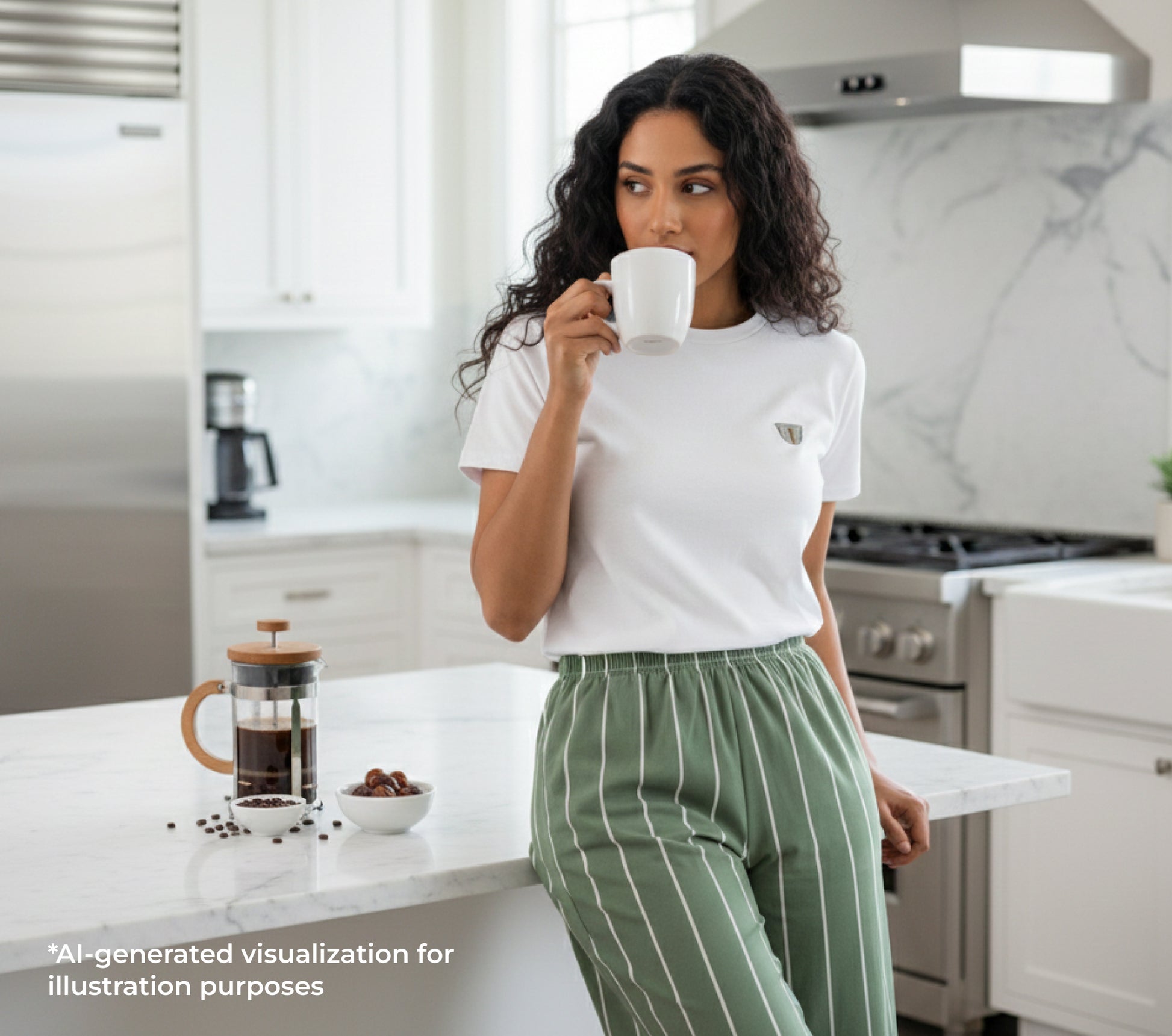 Woman holding a mug in a kitchen with a coffee press and bowl on the counter.