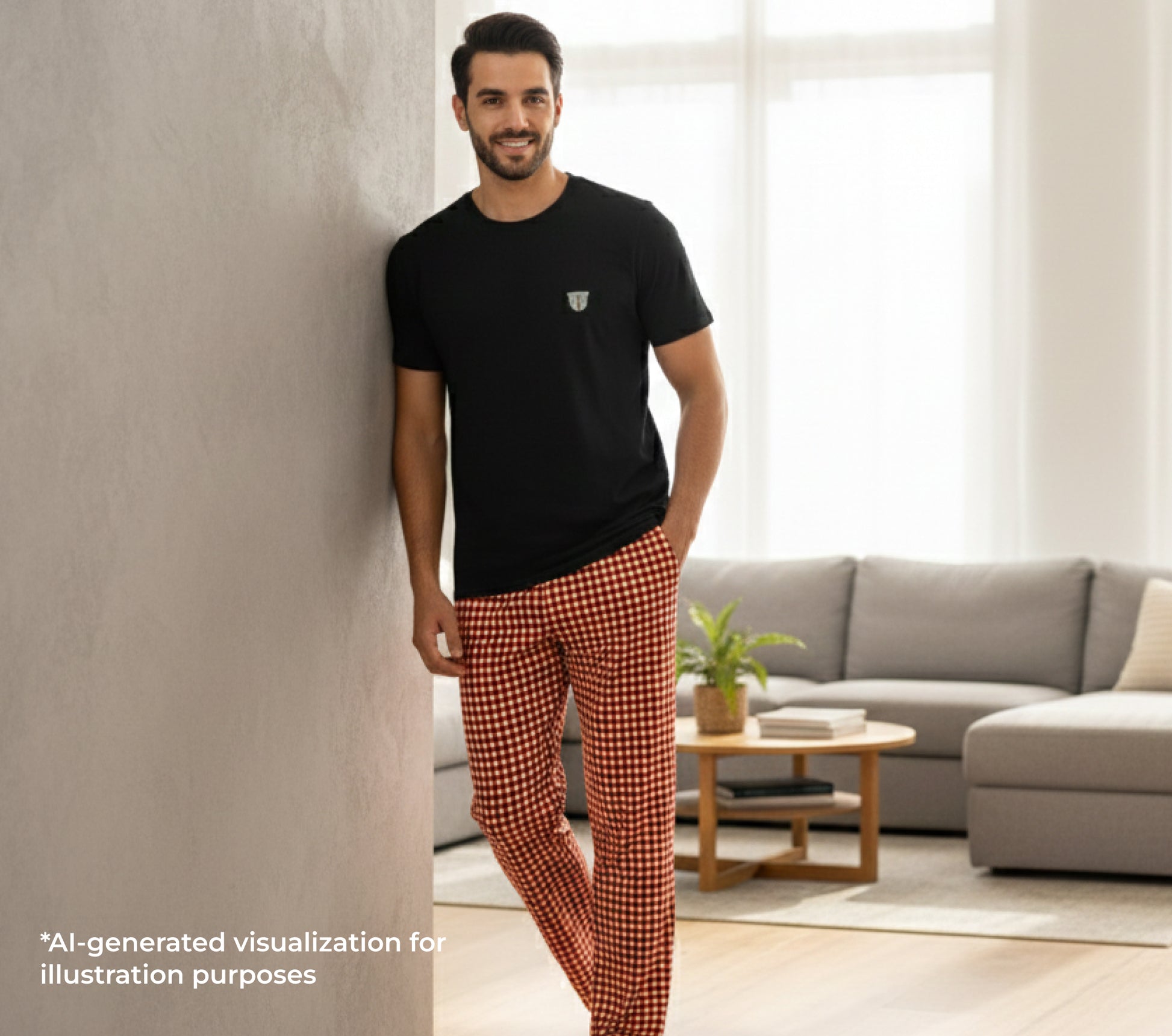 Man wearing a black t-shirt and red checkered pants in a living room.