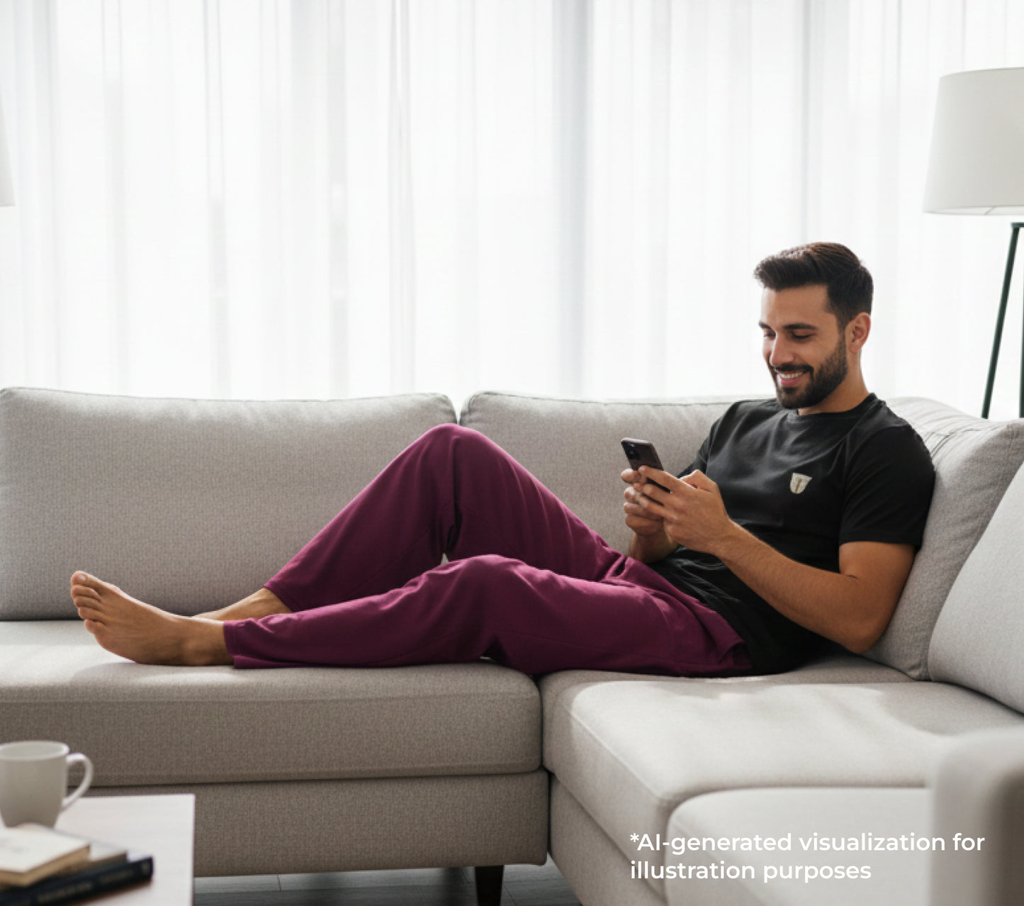 Man sitting on a couch using a smartphone in a modern living room.