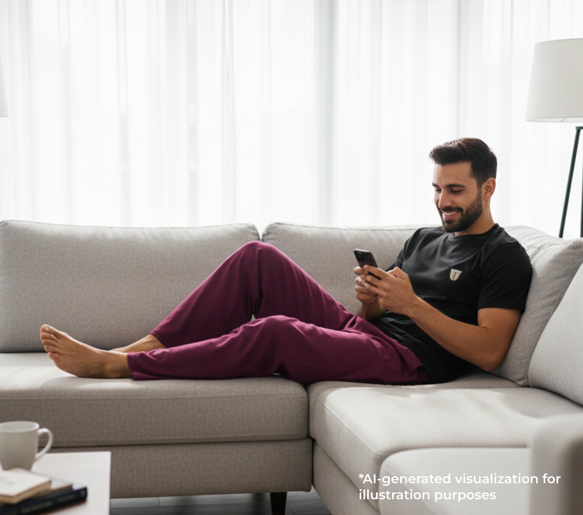 Man sitting on a couch using a smartphone in a modern living room.
