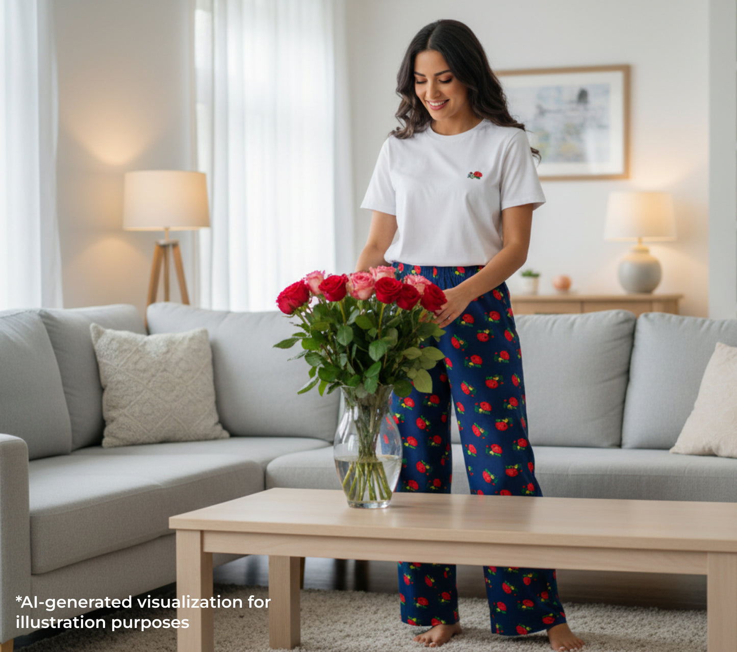 Woman holding a bouquet of red roses in a living room setting