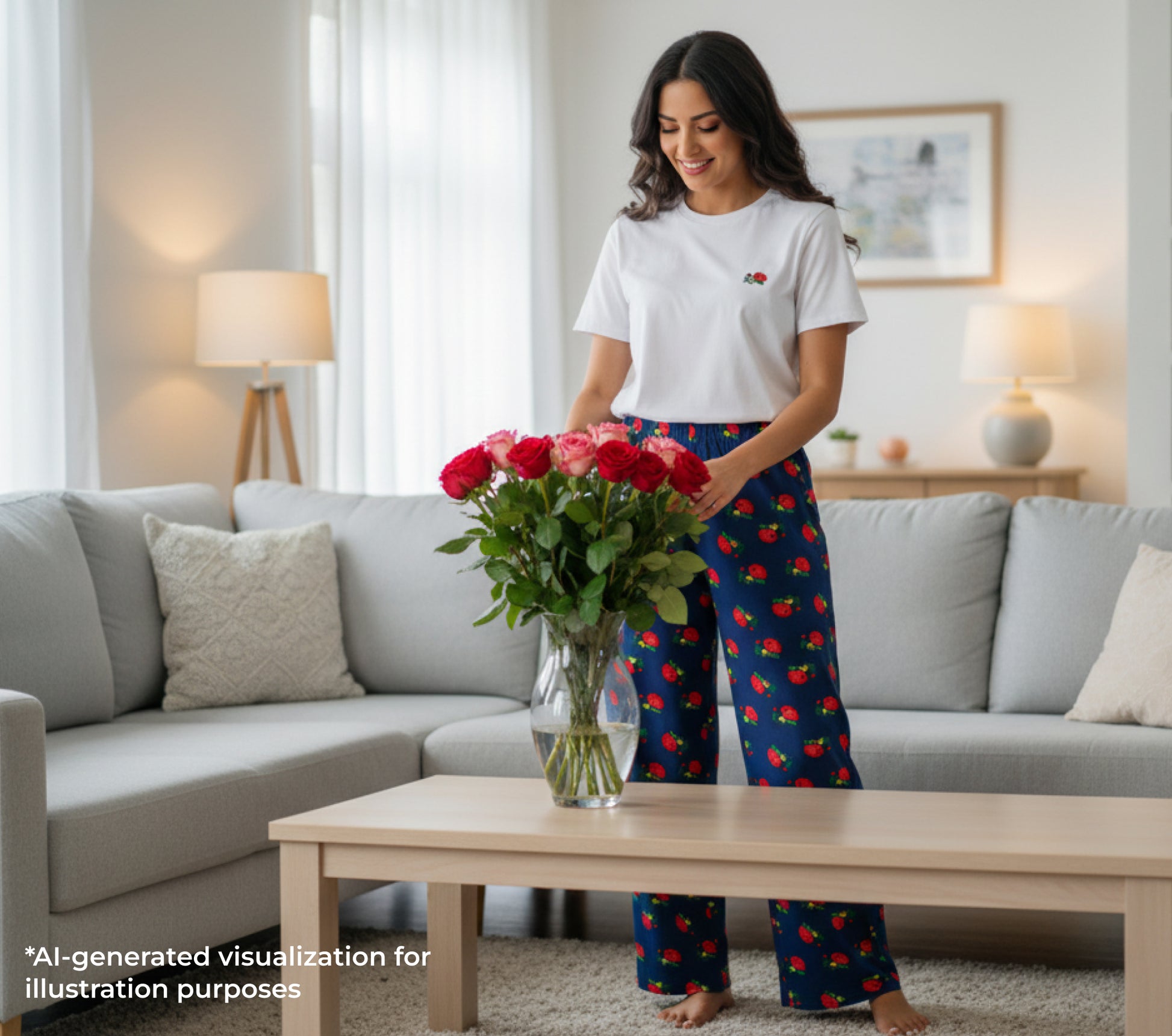 Woman holding a bouquet of red roses in a living room setting