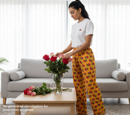 Woman arranging flowers in a living room with a gray sofa and coffee table.