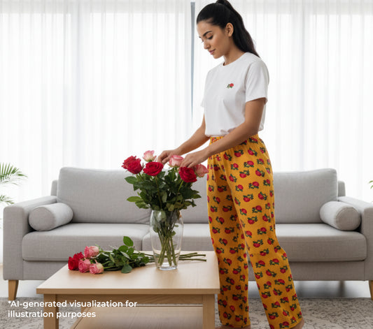 Woman arranging flowers in a living room with a gray sofa and coffee table.