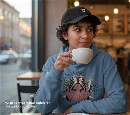 Person wearing a blue hoodie with a Gemini graphic design, holding a white mug in a cafe setting.