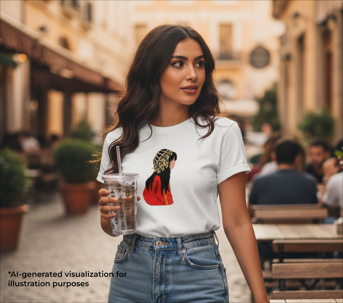 Woman wearing a white t-shirt with a graphic design, holding a drink, standing on a street.