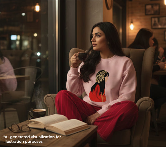 Woman sitting in a cozy cafe, holding a cup of coffee and reading a book.