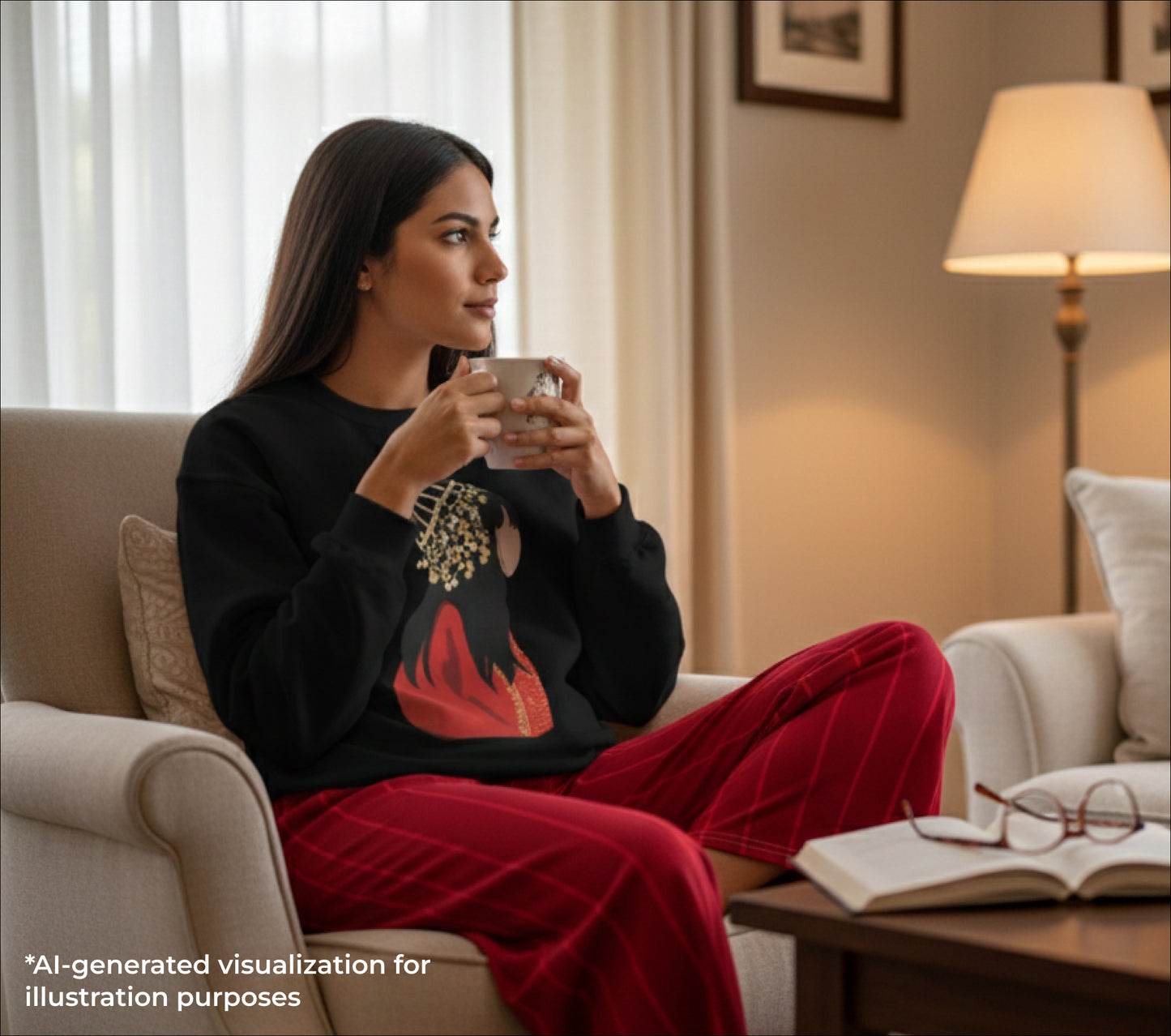 Woman sitting on a couch holding a mug in a cozy living room.