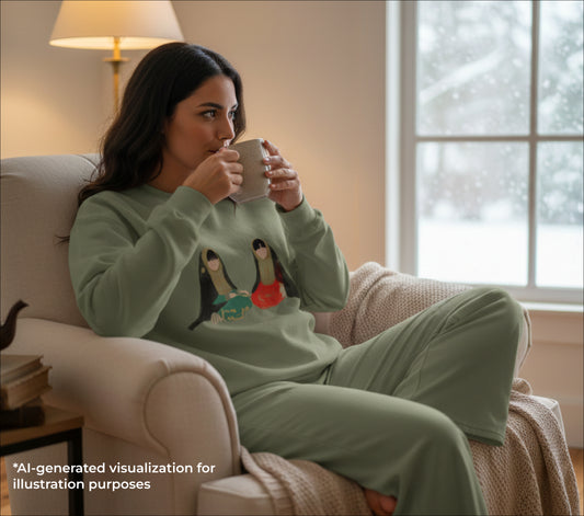 Woman in a cozy living room drinking from a mug, wearing a green sweatshirt & pants set with a girls in bukhnag design.