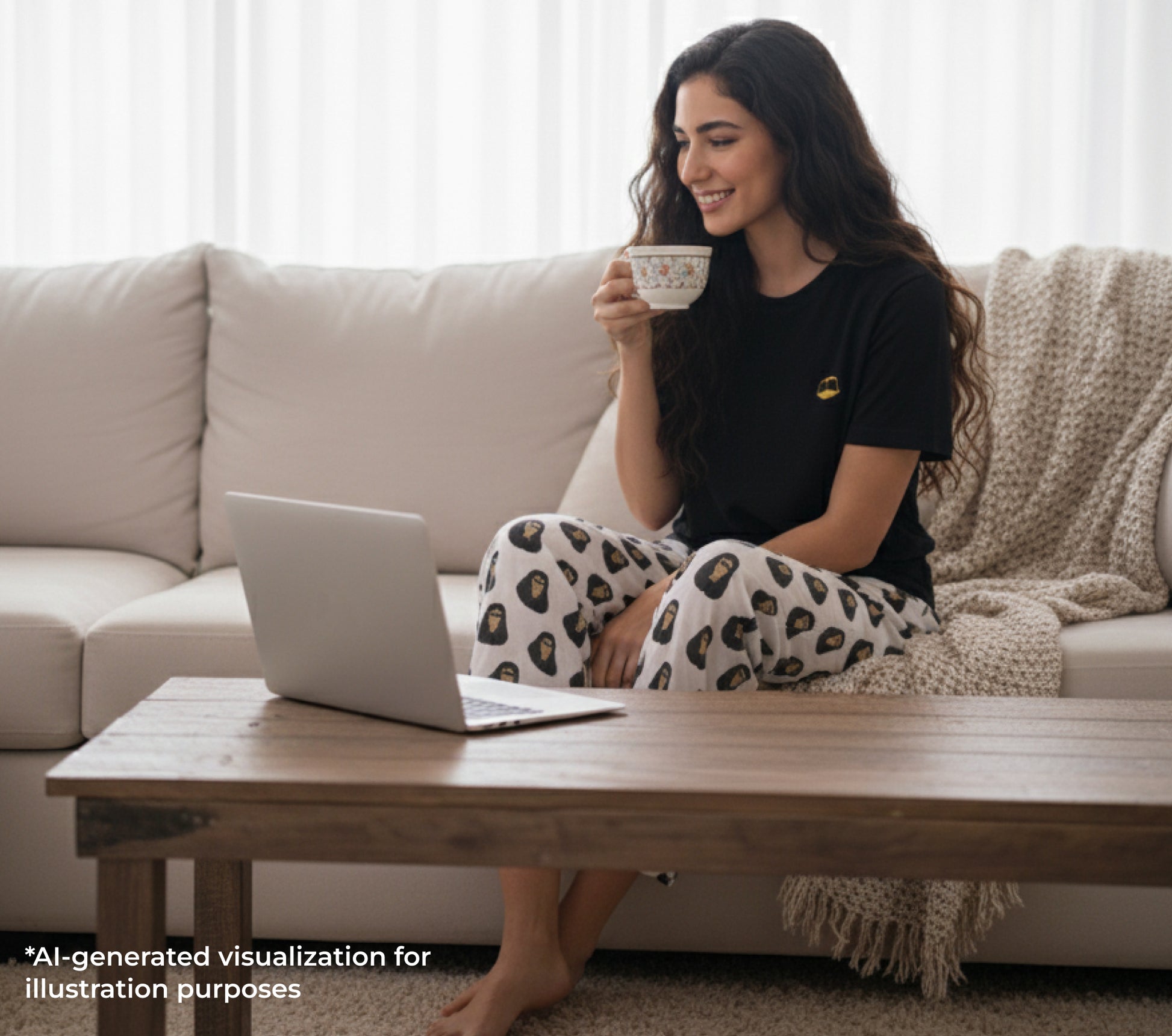 Woman sitting on a couch with a laptop and holding a mug.