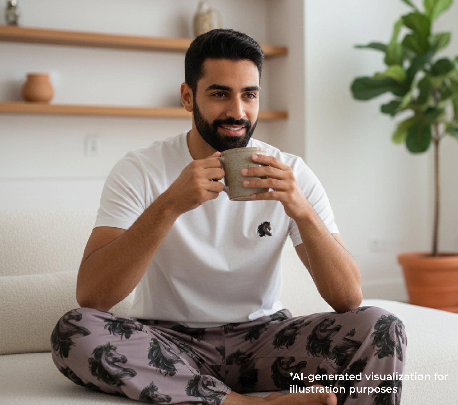 a guy holding a ceramic mug with a t-shirt of a small horse and patterned pants