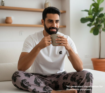 a guy holding a ceramic mug with a t-shirt of a small horse and patterned pants