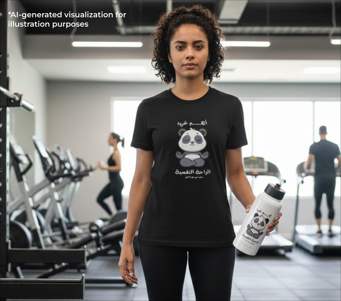 Person wearing a black t-shirt with a panda design in a gym setting