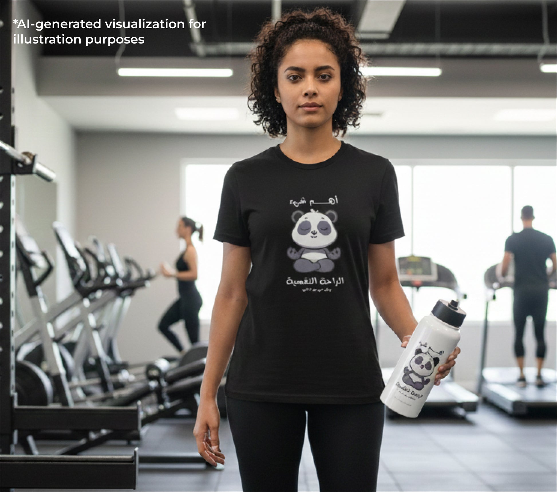 Person wearing a black t-shirt with a panda design in a gym setting