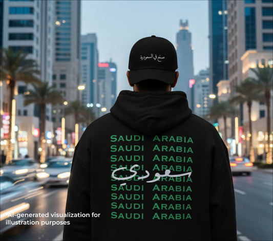 Person wearing a black hoodie with 'Saudi Arabia' text in green and Arabic script, standing in a city street at night.