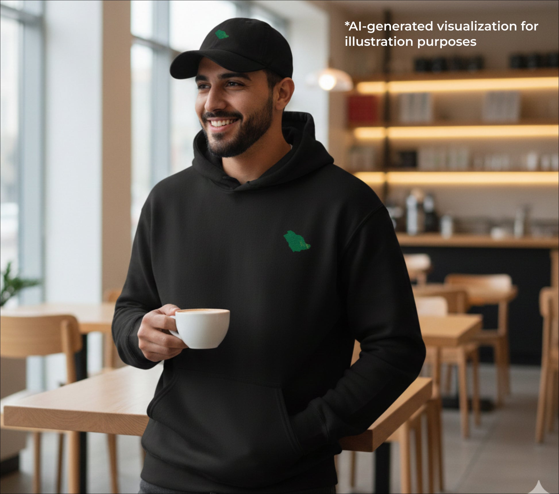 Man wearing a black hoodie with a KSA map, holding a cup in a café.