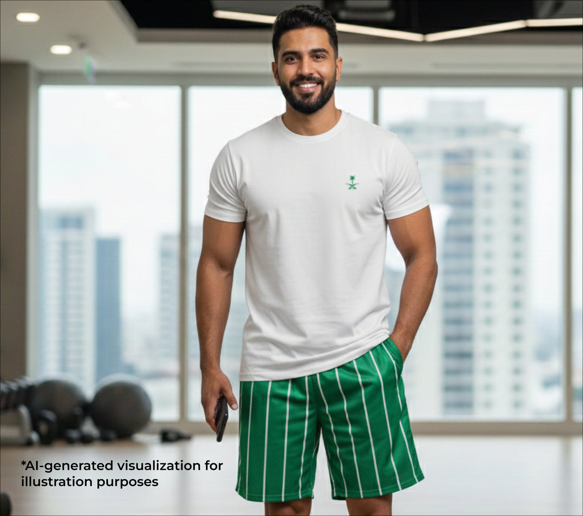 Man wearing a white t-shirt and green shorts in an office setting