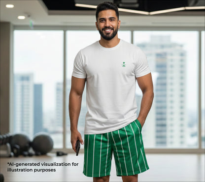 Man wearing a white t-shirt and green shorts in an office setting