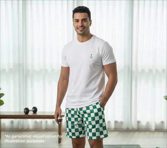 Man wearing a white t-shirt and green checkered shorts standing in a room with light-colored walls.