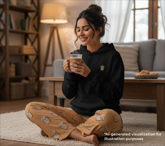 Woman sitting on the floor holding a steaming karak cup in a cozy living room.